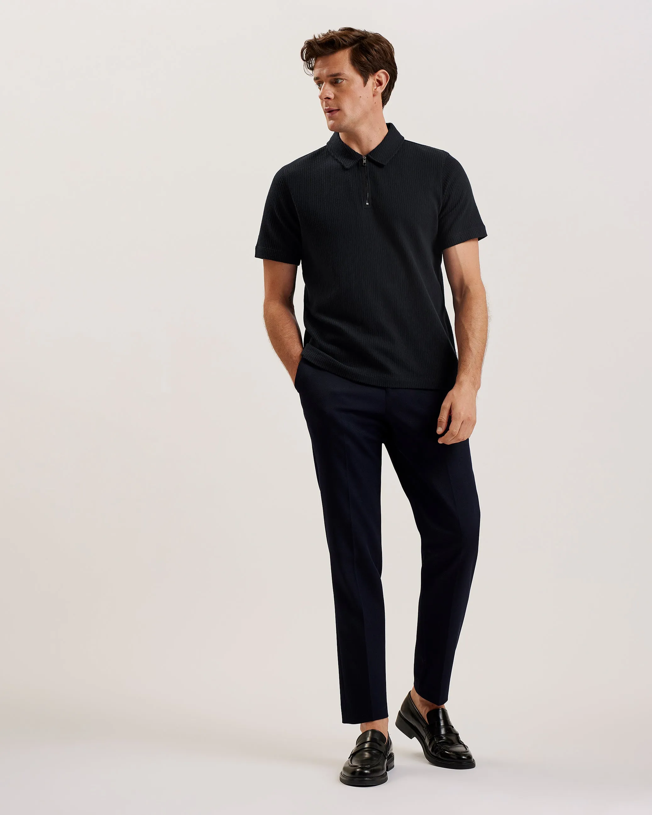 Elgrave Short Sleeve Regular Textured Half-Zip Polo Navy