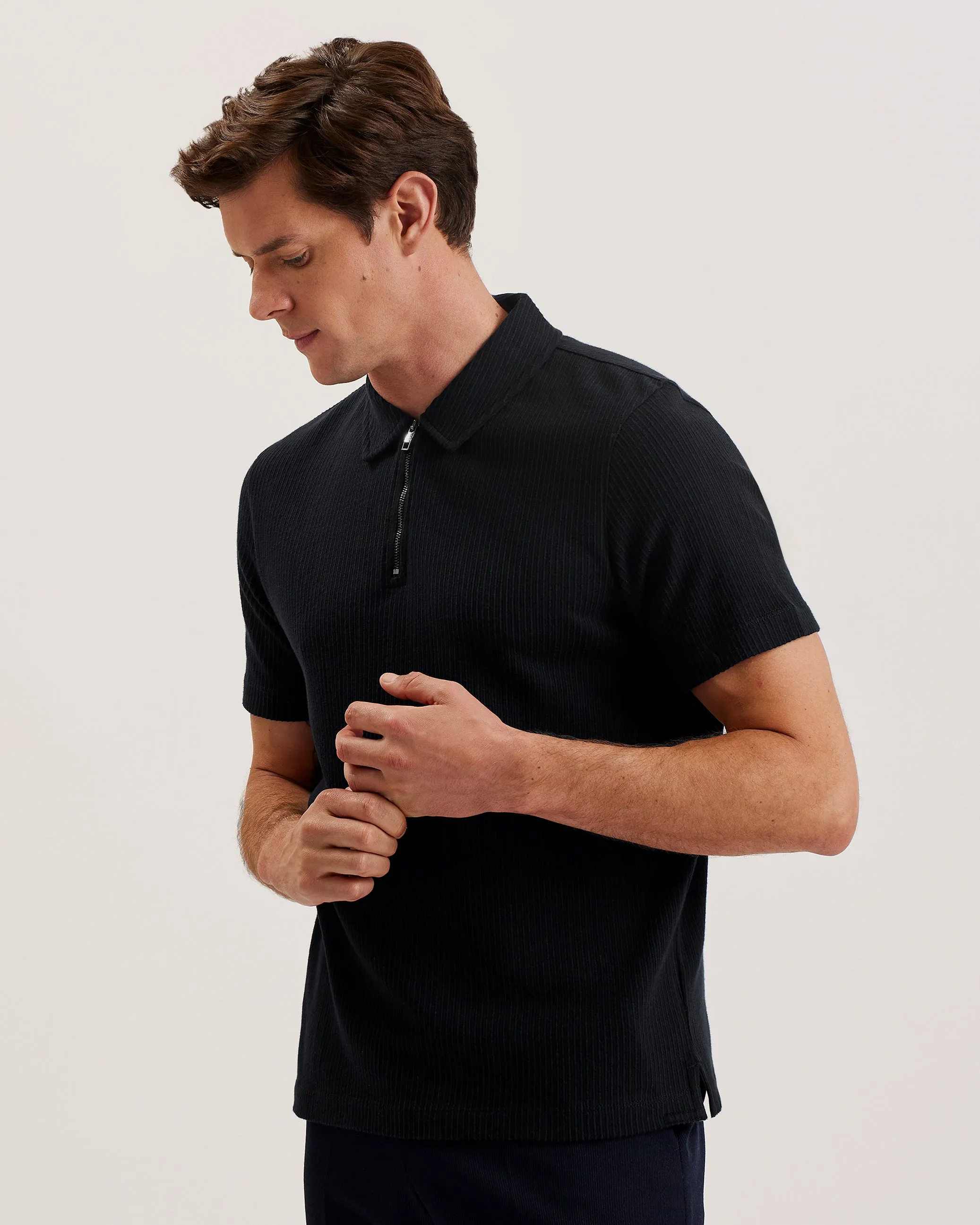 Elgrave Short Sleeve Regular Textured Half-Zip Polo Navy