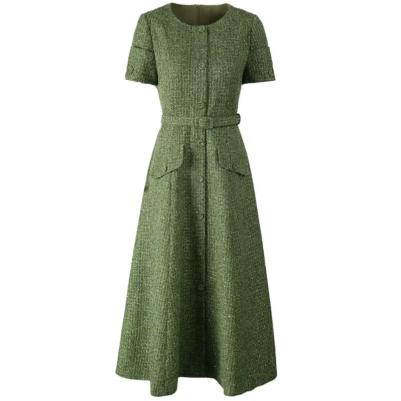 Ellis Tweed  O-Neck Short Sleeve Sashes Office Lady Single Breasted Dress