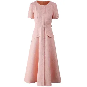 Ellis Tweed  O-Neck Short Sleeve Sashes Office Lady Single Breasted Dress