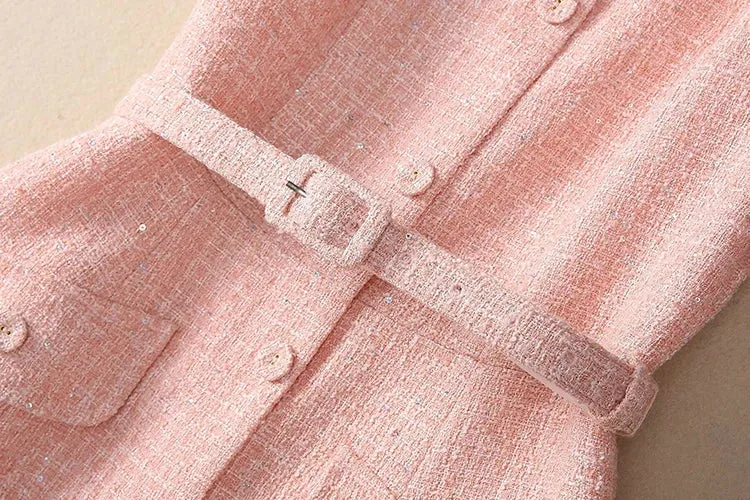 Ellis Tweed  O-Neck Short Sleeve Sashes Office Lady Single Breasted Dress