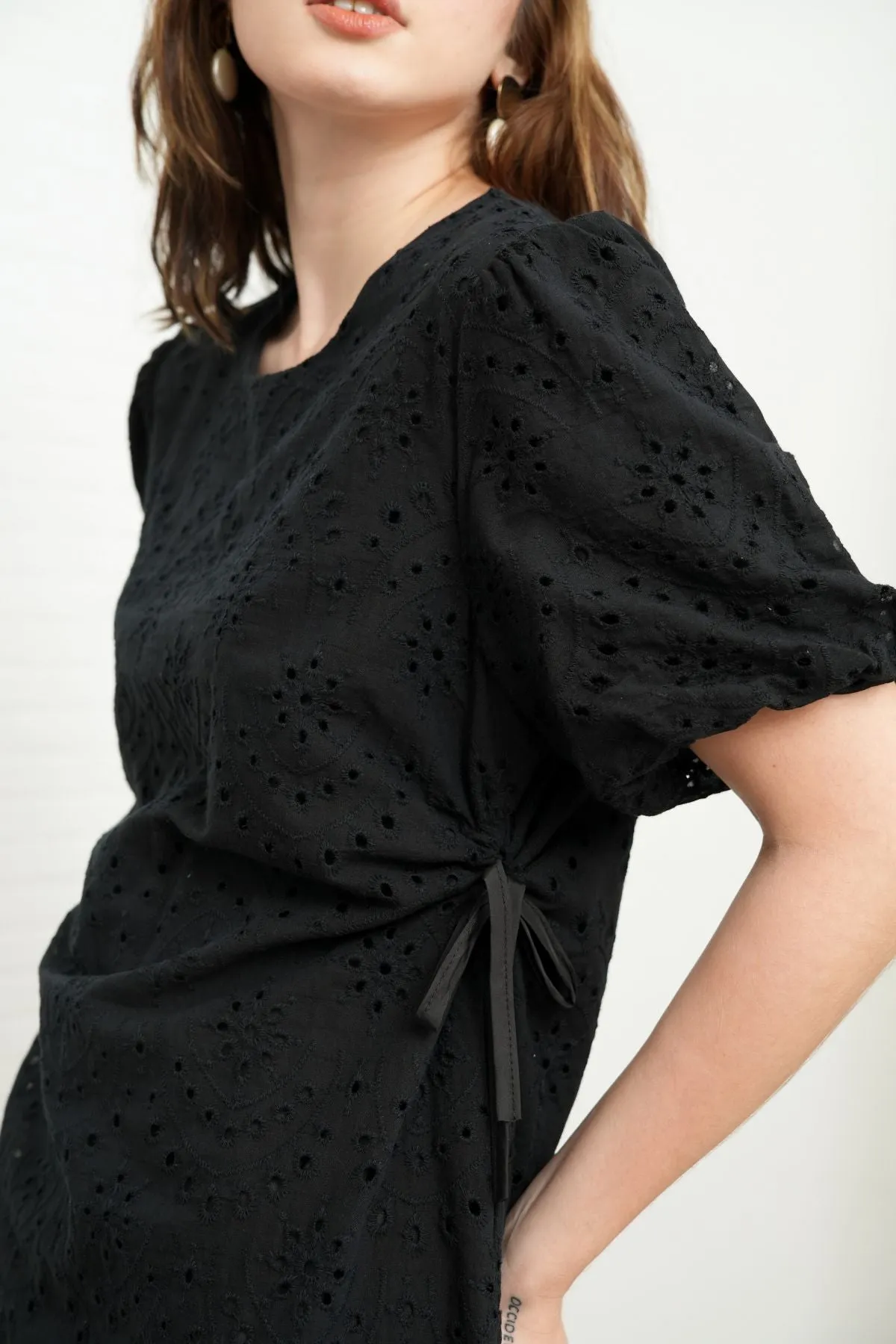 EMMELINE Puff-Sleeve Cut-out Broderie Midi Dress (Black)