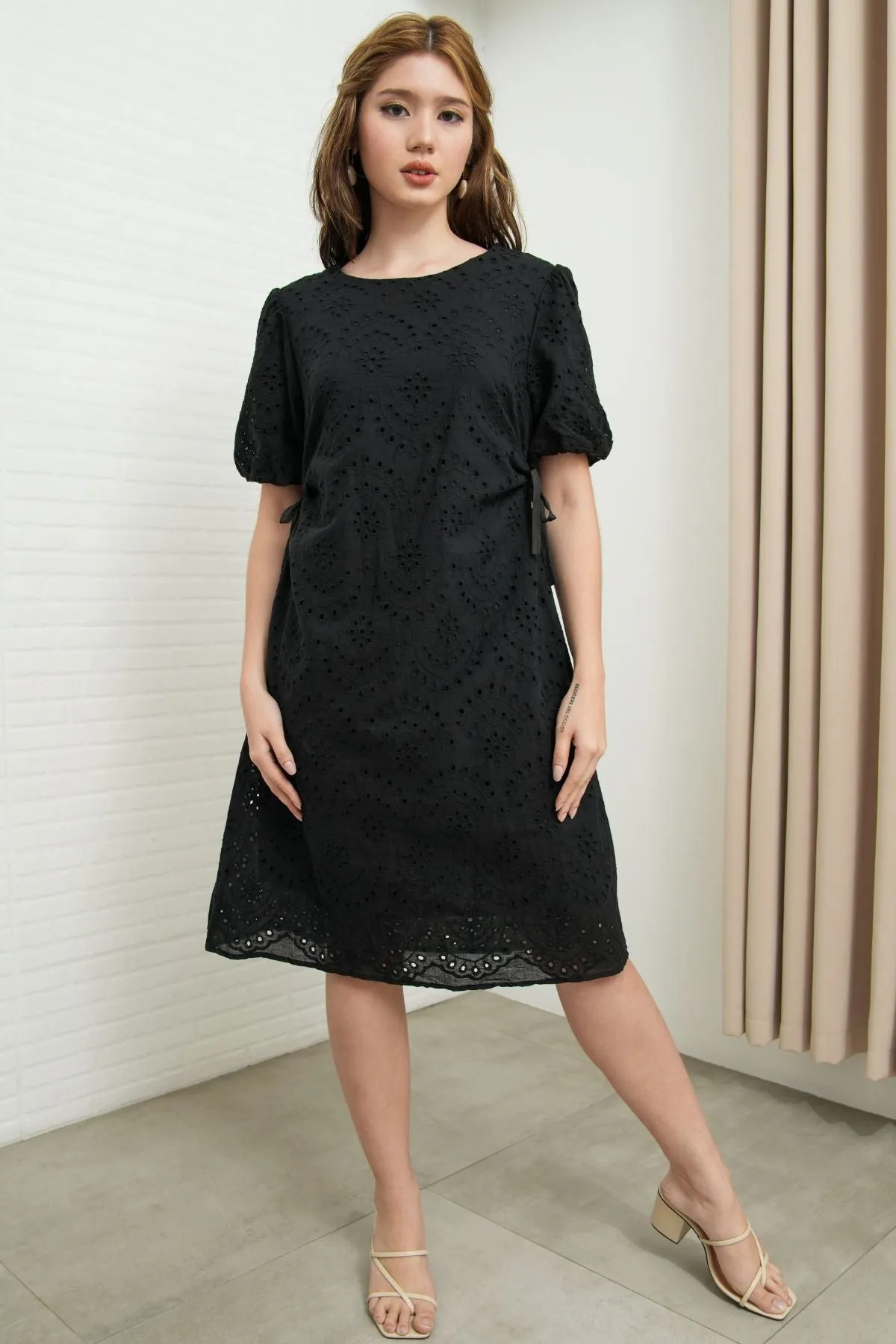 EMMELINE Puff-Sleeve Cut-out Broderie Midi Dress (Black)