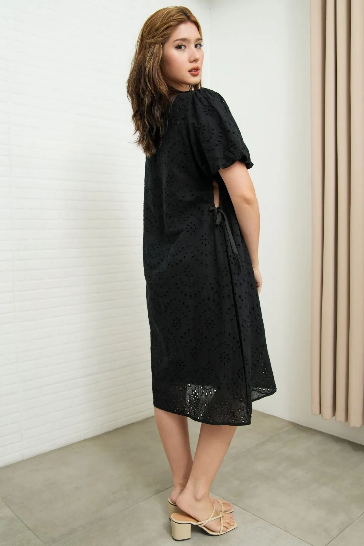 EMMELINE Puff-Sleeve Cut-out Broderie Midi Dress (Black)