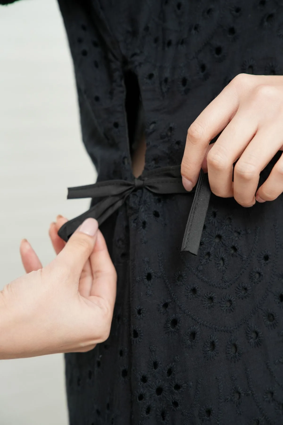 EMMELINE Puff-Sleeve Cut-out Broderie Midi Dress (Black)