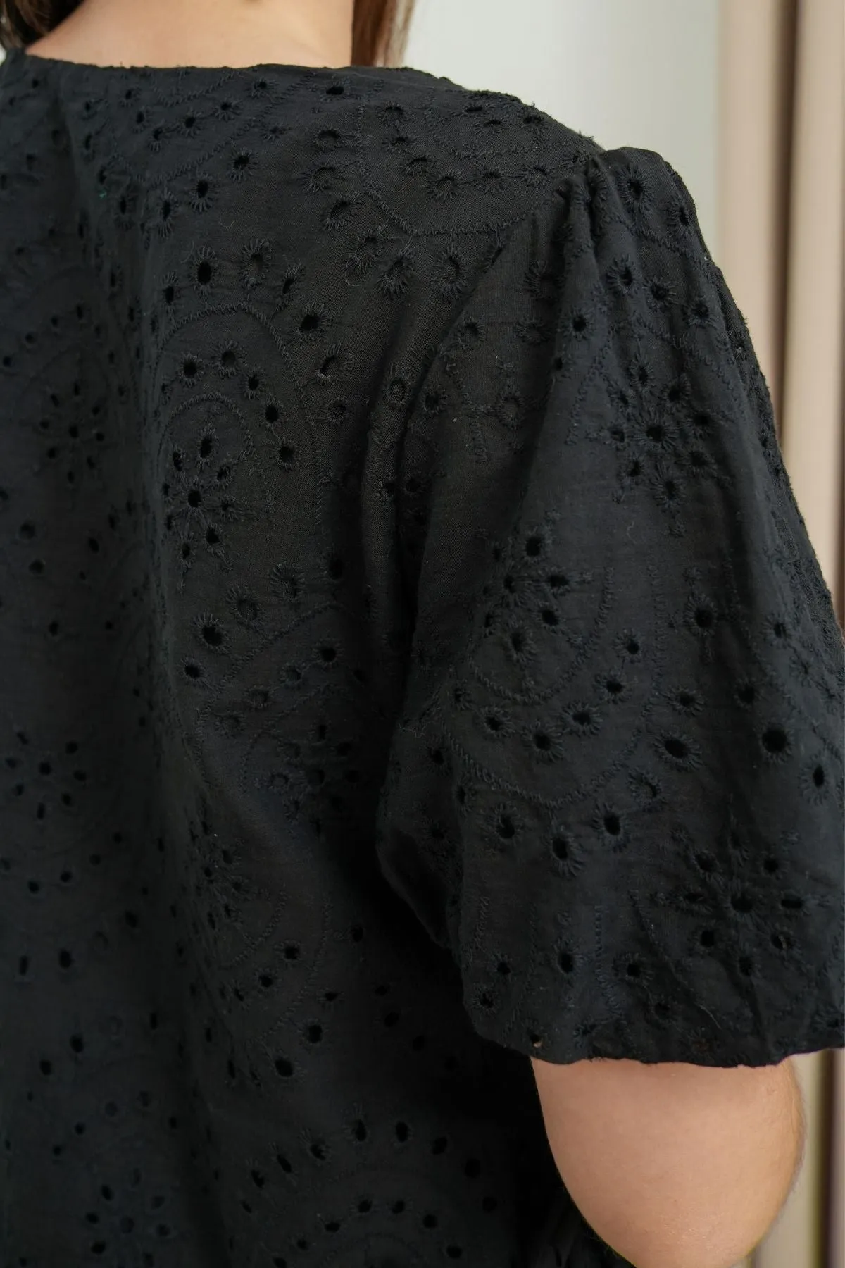 EMMELINE Puff-Sleeve Cut-out Broderie Midi Dress (Black)