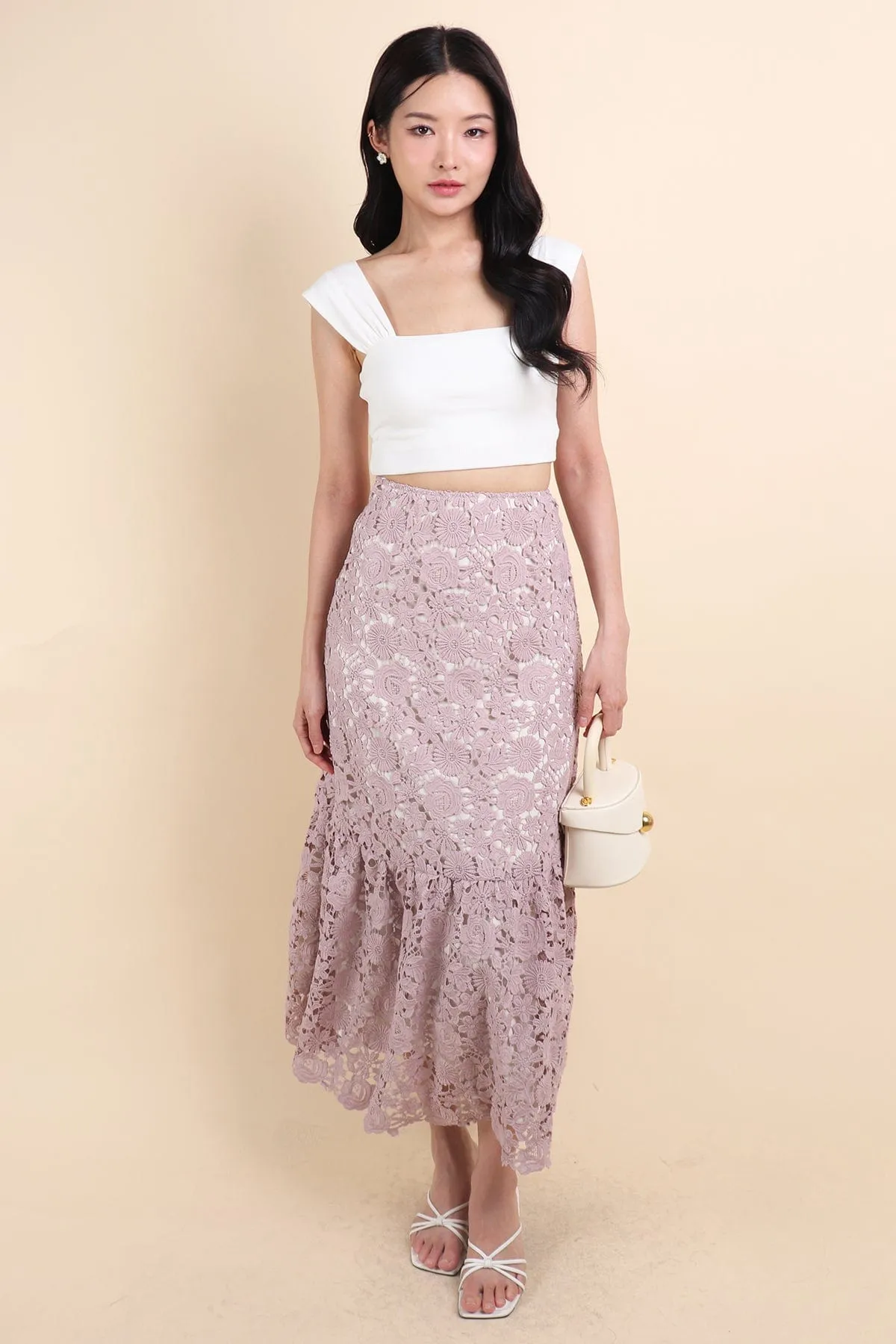 ENCHANTING CROCHET MAXI SKIRT IN MAUVE LILAC