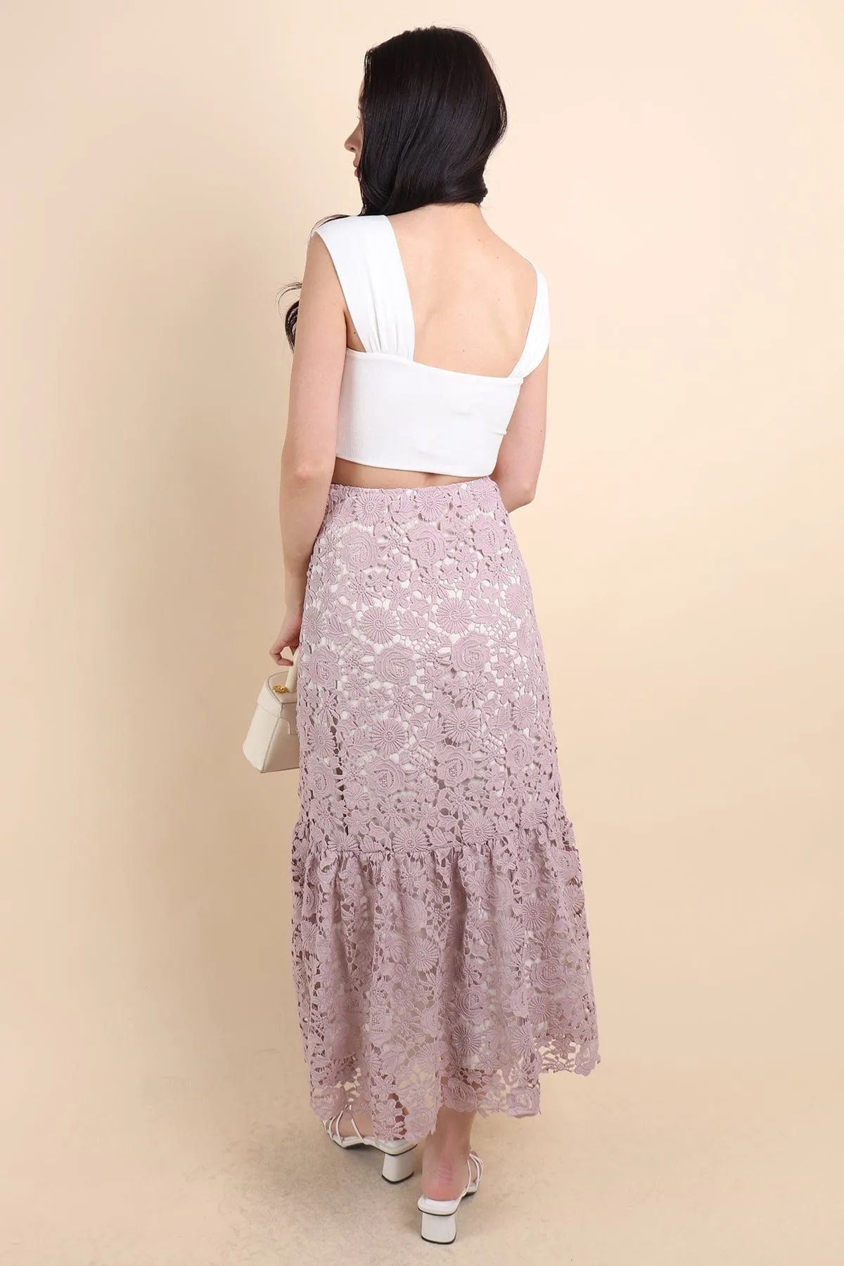 ENCHANTING CROCHET MAXI SKIRT IN MAUVE LILAC