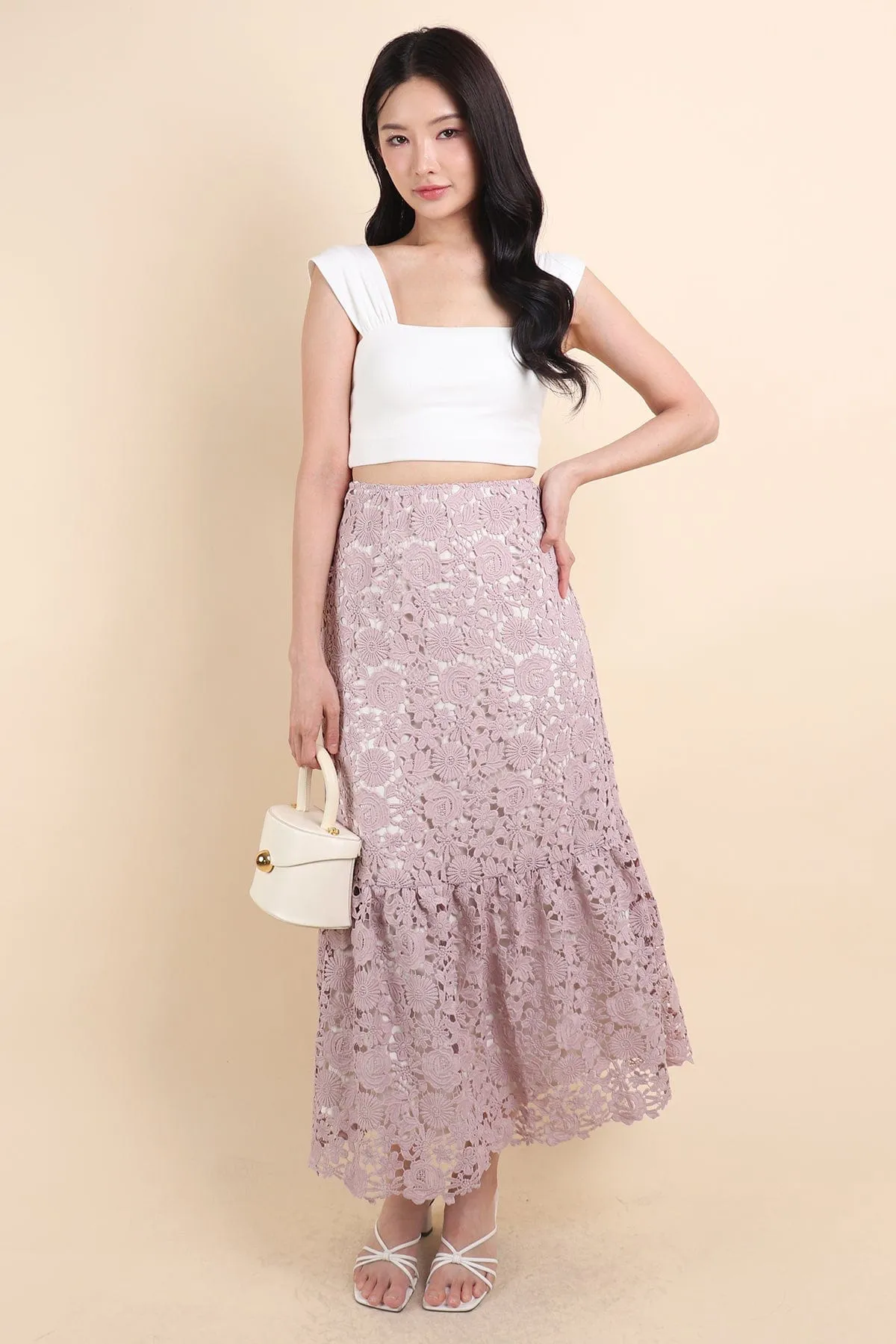 ENCHANTING CROCHET MAXI SKIRT IN MAUVE LILAC