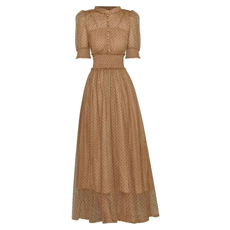 Evelyn Puff Sleeve Perspective Mesh Elastic Point Dot Midi Dress