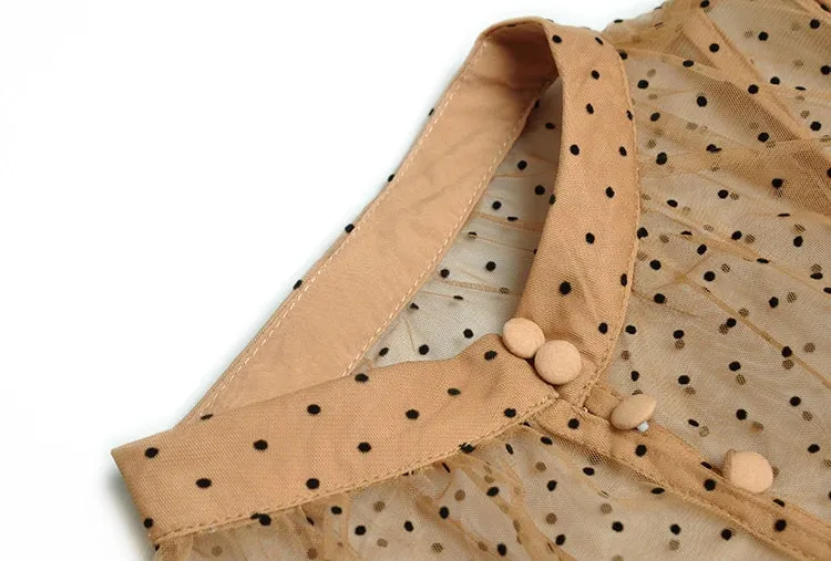 Evelyn Puff Sleeve Perspective Mesh Elastic Point Dot Midi Dress