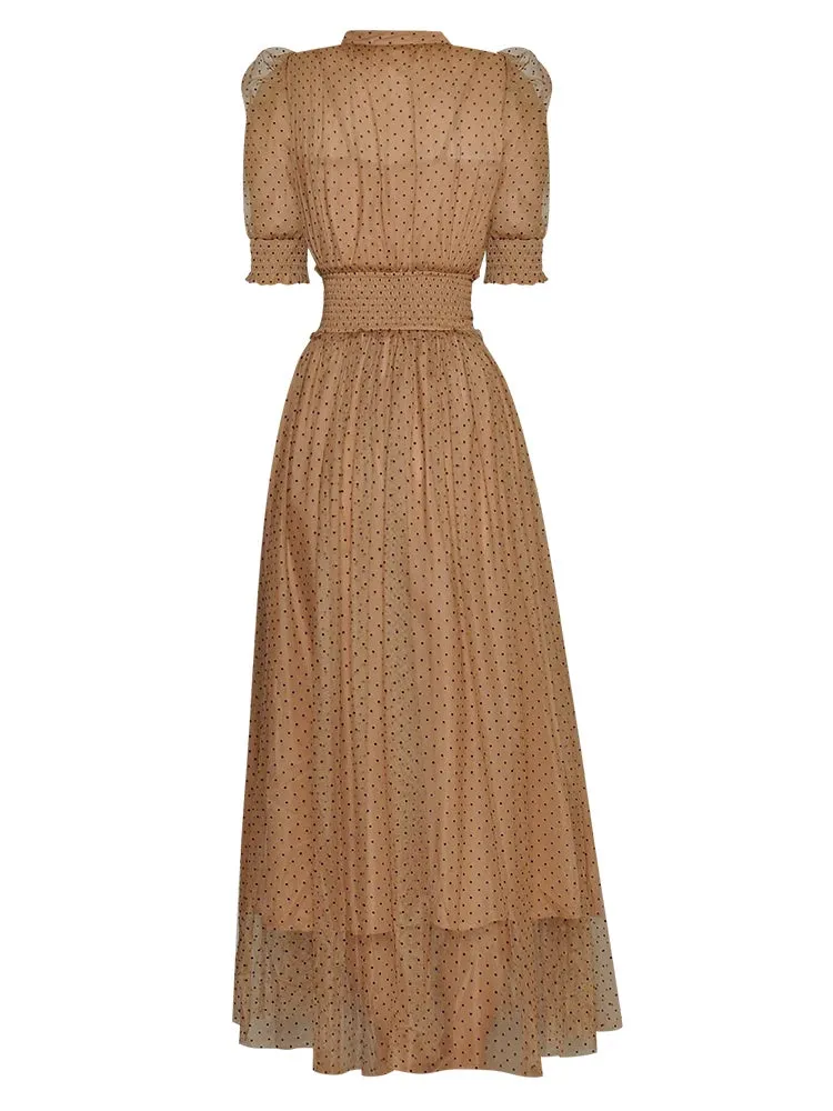 Evelyn Puff Sleeve Perspective Mesh Elastic Point Dot Midi Dress