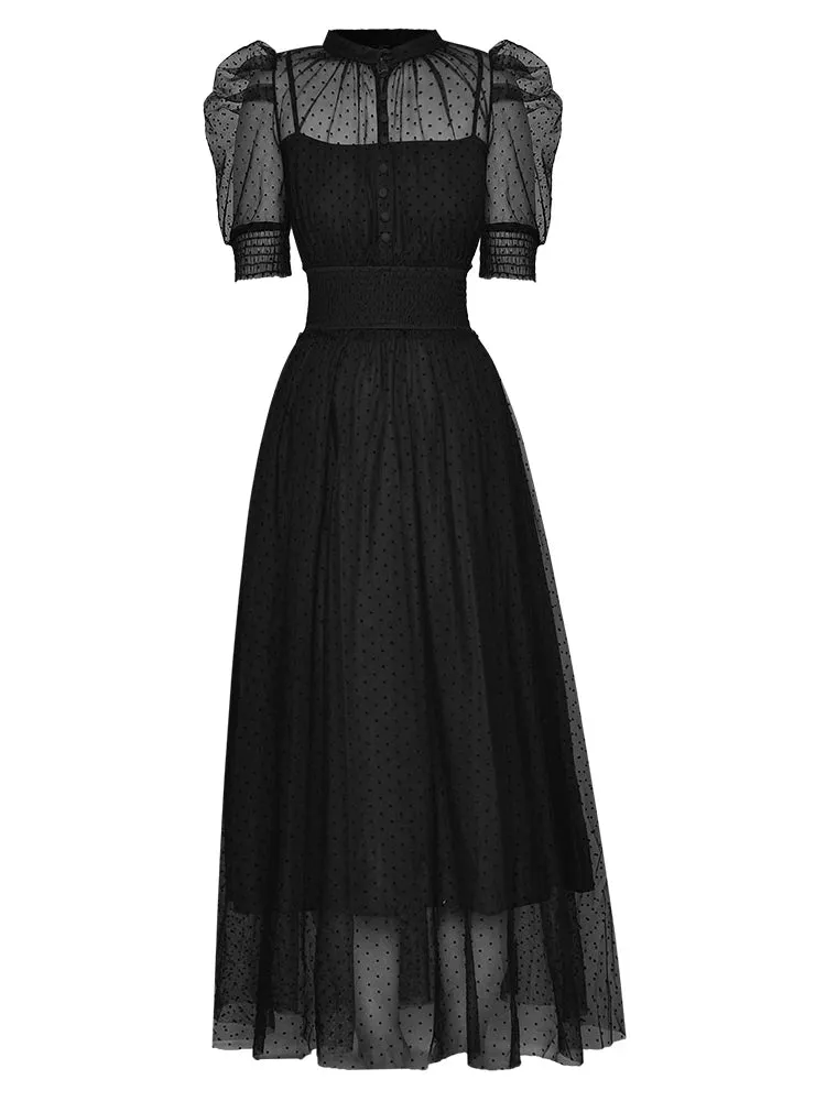 Evelyn Puff Sleeve Perspective Mesh Elastic Point Dot Midi Dress