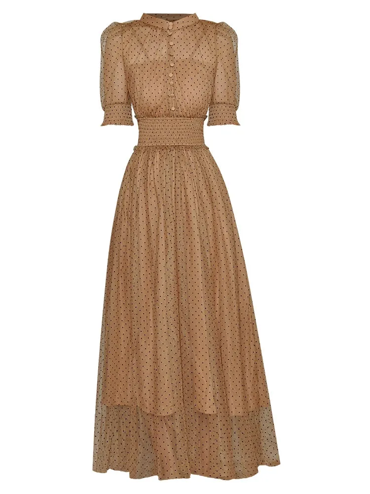 Evelyn Puff Sleeve Perspective Mesh Elastic Point Dot Midi Dress