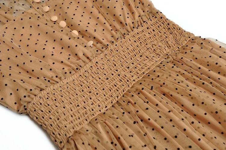 Evelyn Puff Sleeve Perspective Mesh Elastic Point Dot Midi Dress