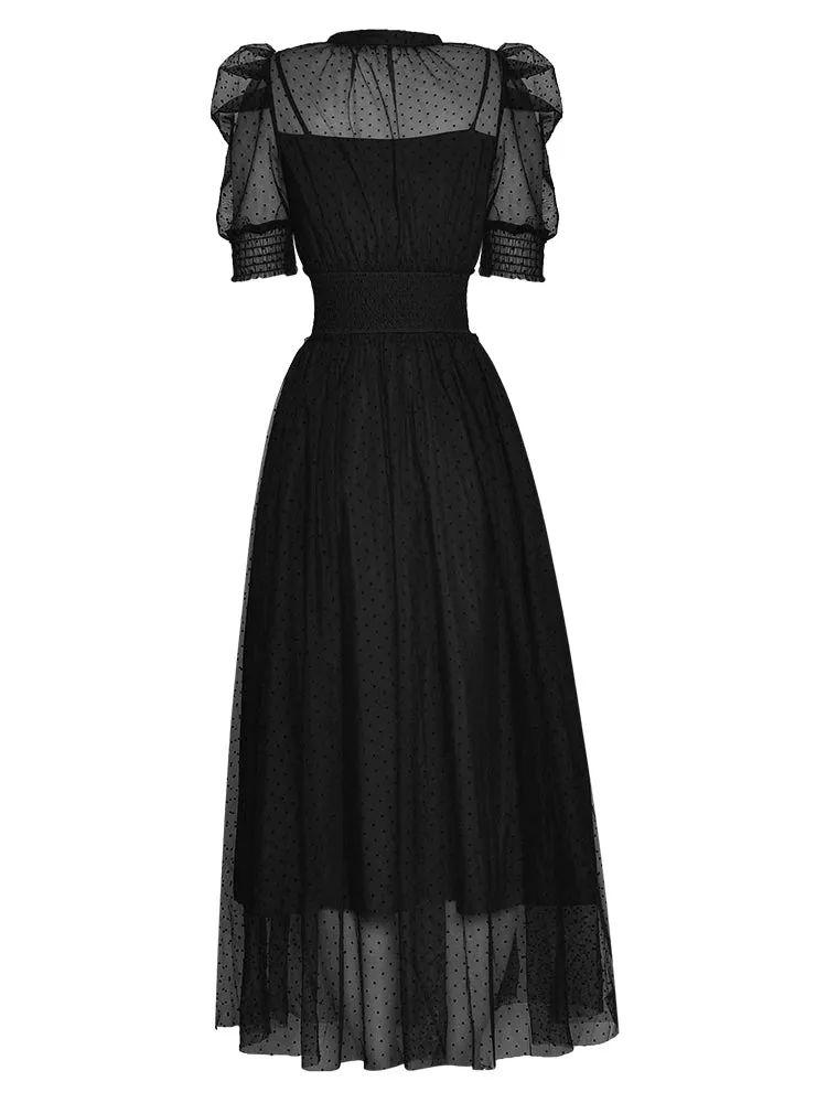 Evelyn Puff Sleeve Perspective Mesh Elastic Point Dot Midi Dress
