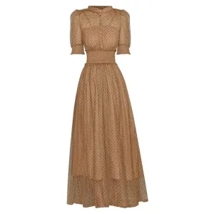 Evelyn Puff Sleeve Perspective Mesh Elastic Point Dot Midi Dress