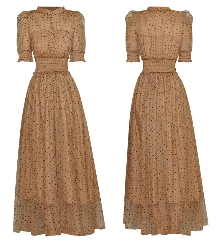 Evelyn Puff Sleeve Perspective Mesh Elastic Point Dot Midi Dress