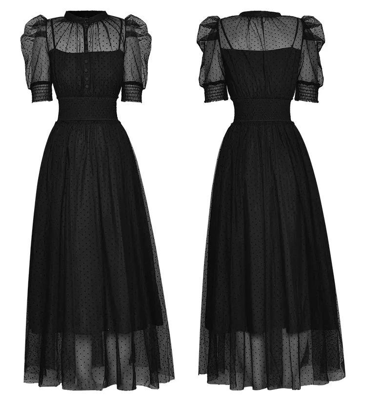 Evelyn Puff Sleeve Perspective Mesh Elastic Point Dot Midi Dress