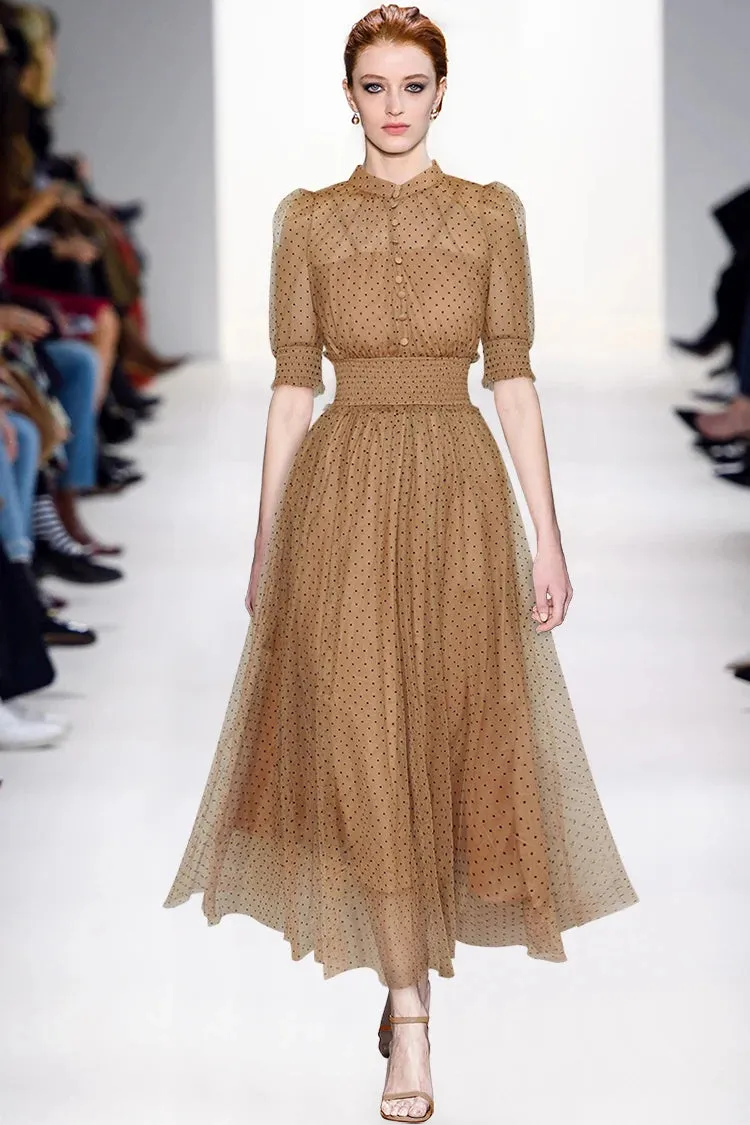 Evelyn Puff Sleeve Perspective Mesh Elastic Point Dot Midi Dress