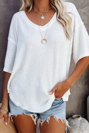 Exposed Seam Half Sleeve Knitted V Neck Textured Top