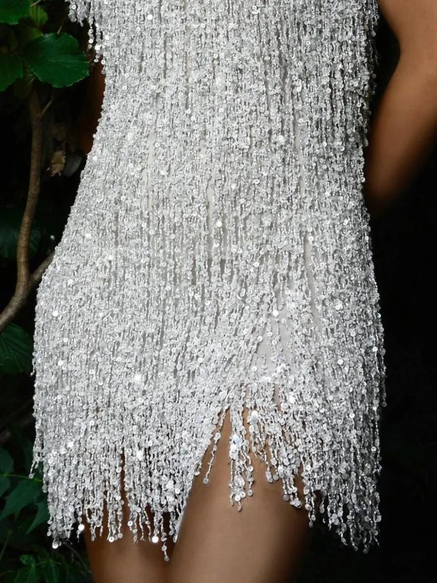 Fashion Short-sleeved Sequined Fringed Mini Dress