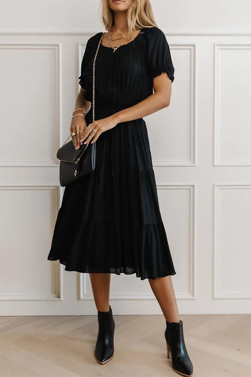 Fashion Solid U Neck Cake Skirt Dresses(3 Colors)