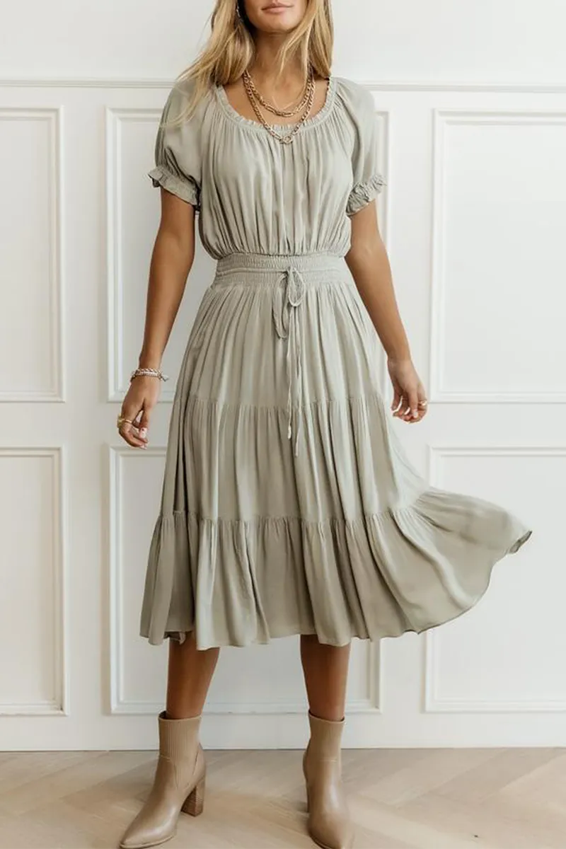 Fashion Solid U Neck Cake Skirt Dresses(3 Colors)