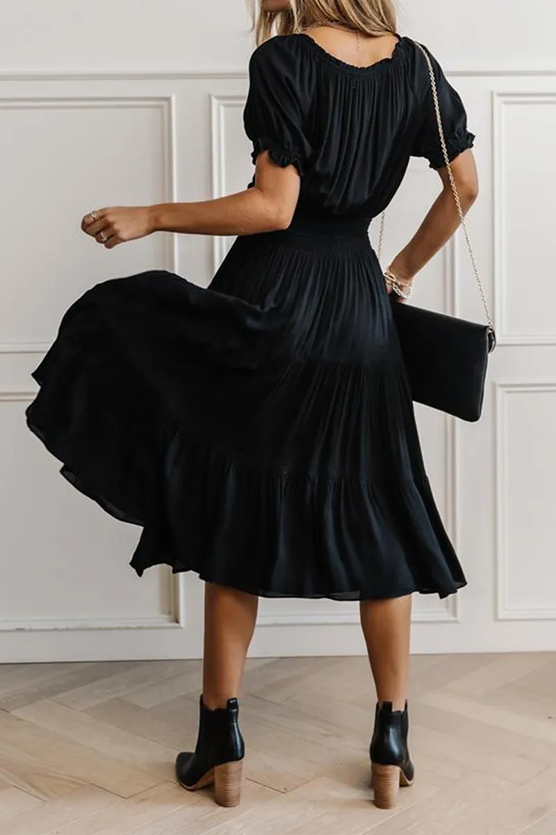 Fashion Solid U Neck Cake Skirt Dresses(3 Colors)