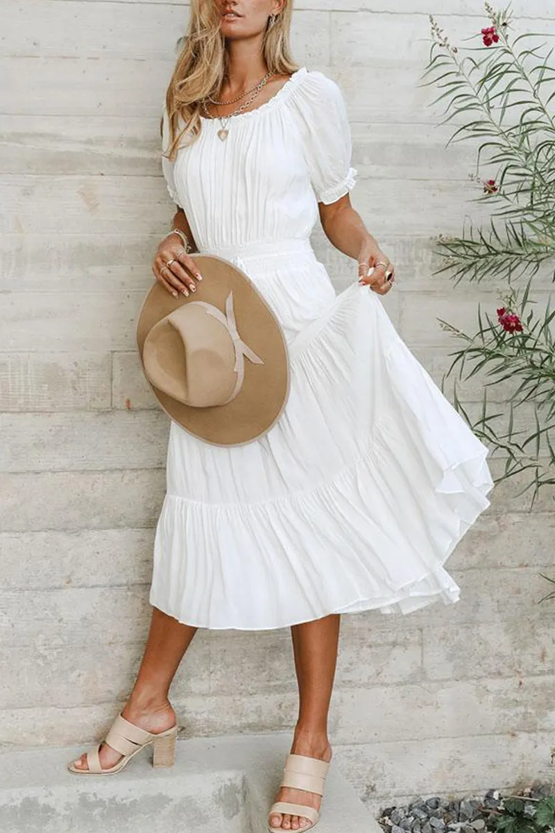 Fashion Solid U Neck Cake Skirt Dresses(3 Colors)