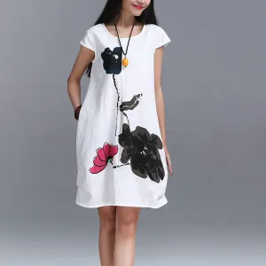 Fashion Summer Arts style High Quality cotton linen Loose casual Women Dresses Vintage Ink Printing Short sleeve Dress
