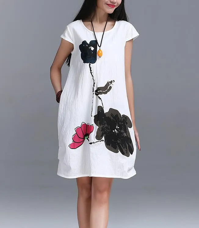 Fashion Summer Arts style High Quality cotton linen Loose casual Women Dresses Vintage Ink Printing Short sleeve Dress