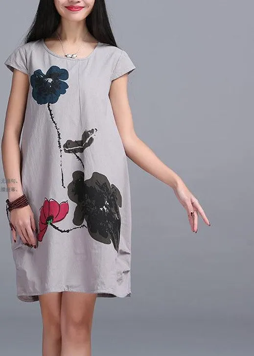 Fashion Summer Arts style High Quality cotton linen Loose casual Women Dresses Vintage Ink Printing Short sleeve Dress