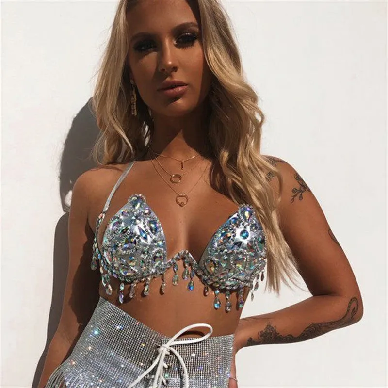Fashion There 3 Piece Set Women Sexy Halter Shiny Diamante Bra Crop Top High Cut Short Tassel Bandage Skirt Clubwear 3 Pcs Set