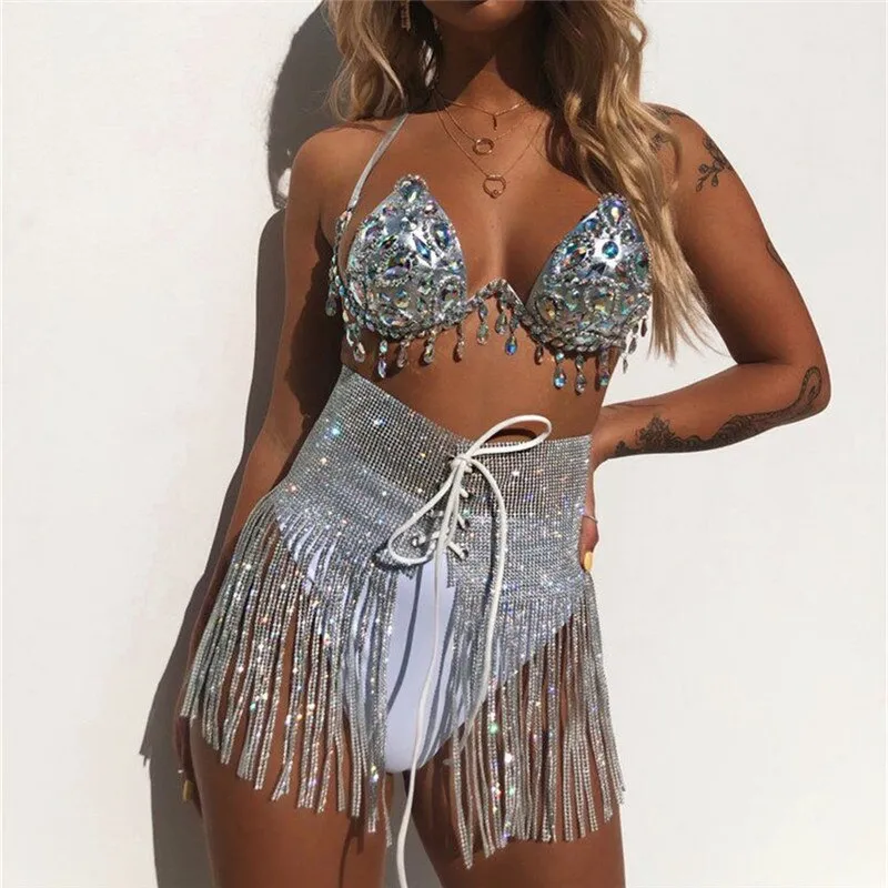 Fashion There 3 Piece Set Women Sexy Halter Shiny Diamante Bra Crop Top High Cut Short Tassel Bandage Skirt Clubwear 3 Pcs Set