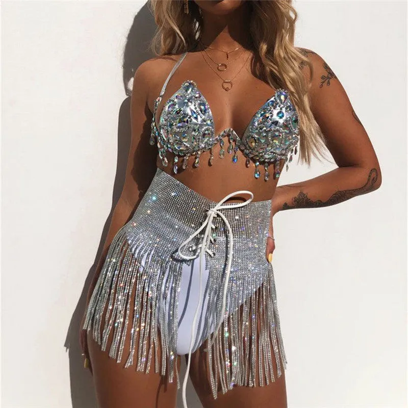 Fashion There 3 Piece Set Women Sexy Halter Shiny Diamante Bra Crop Top High Cut Short Tassel Bandage Skirt Clubwear 3 Pcs Set