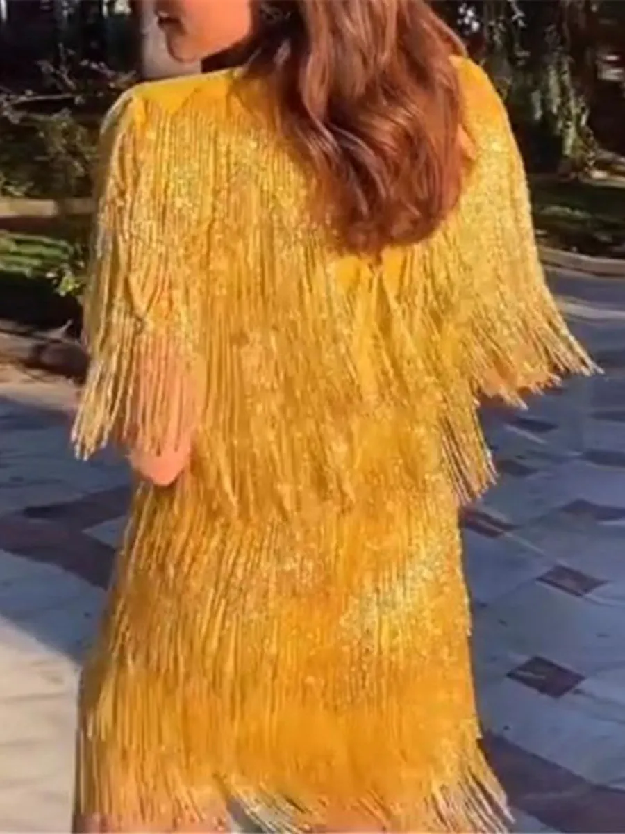 Fashion V-neck Short Sleeve Fringed Mini Dress