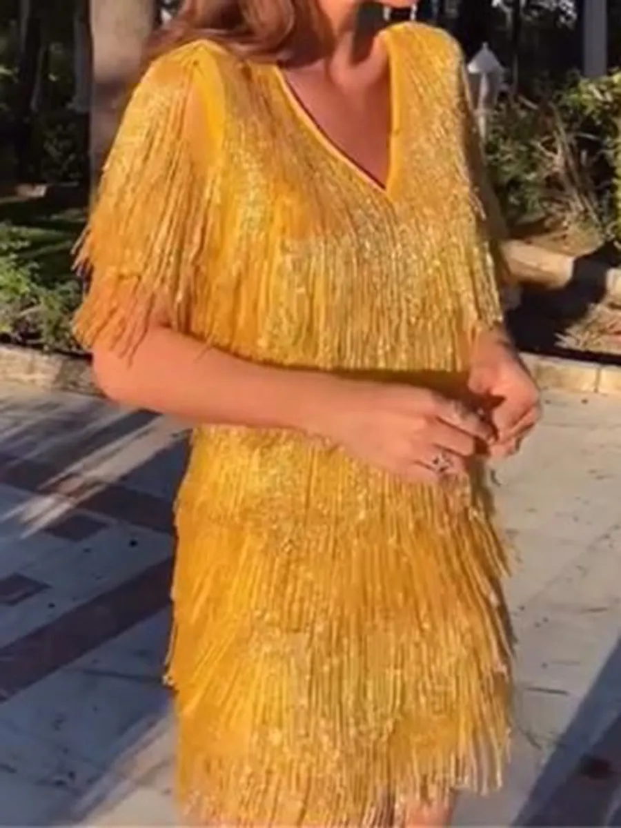 Fashion V-neck Short Sleeve Fringed Mini Dress