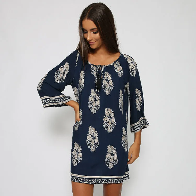 Fashion women long sleeve dress leaf printed loose mini dresses summer Vintage style plus size vestidos S-XL 63#