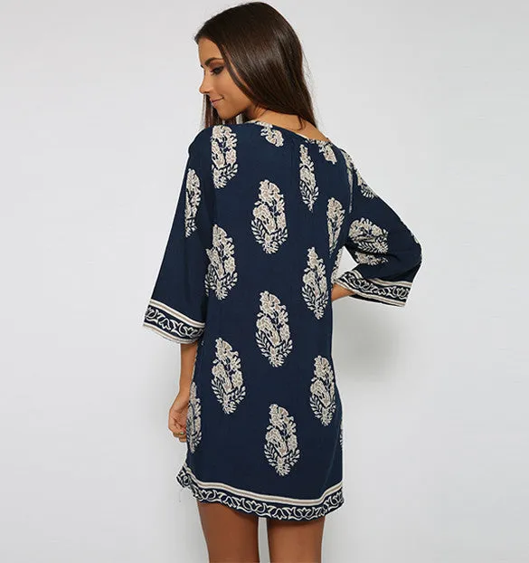 Fashion women long sleeve dress leaf printed loose mini dresses summer Vintage style plus size vestidos S-XL 63#