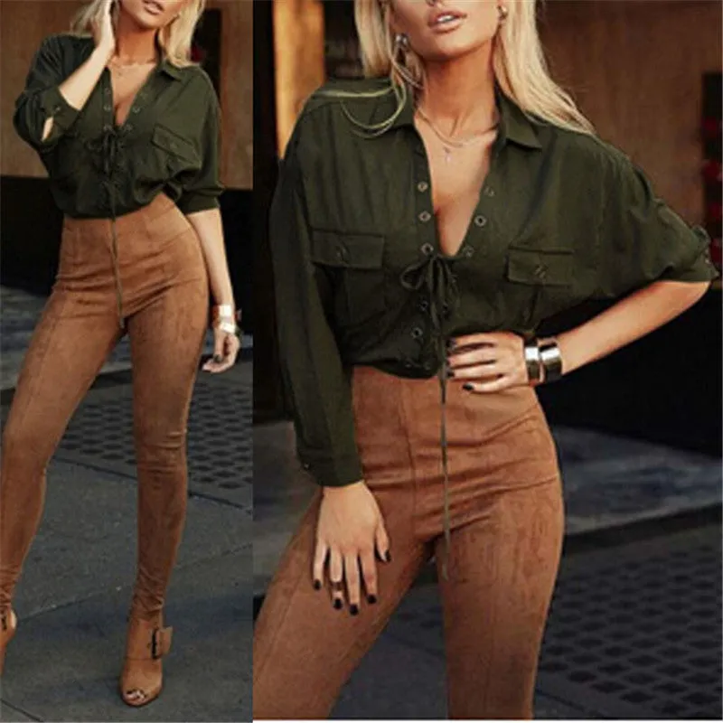 Fashion Women's Hollow Deep V Neck Front Lace Up Long Sleeve Blouse Chiffon Shirt Casual Loose Tops