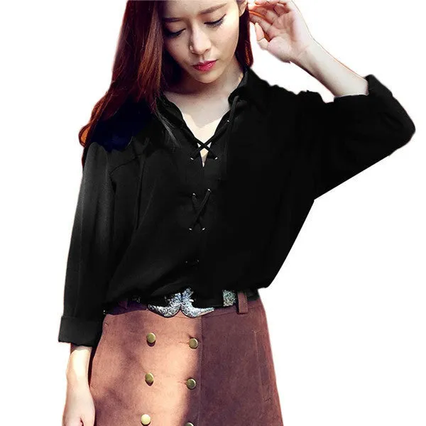 Fashion Women's Hollow Deep V Neck Front Lace Up Long Sleeve Blouse Chiffon Shirt Casual Loose Tops