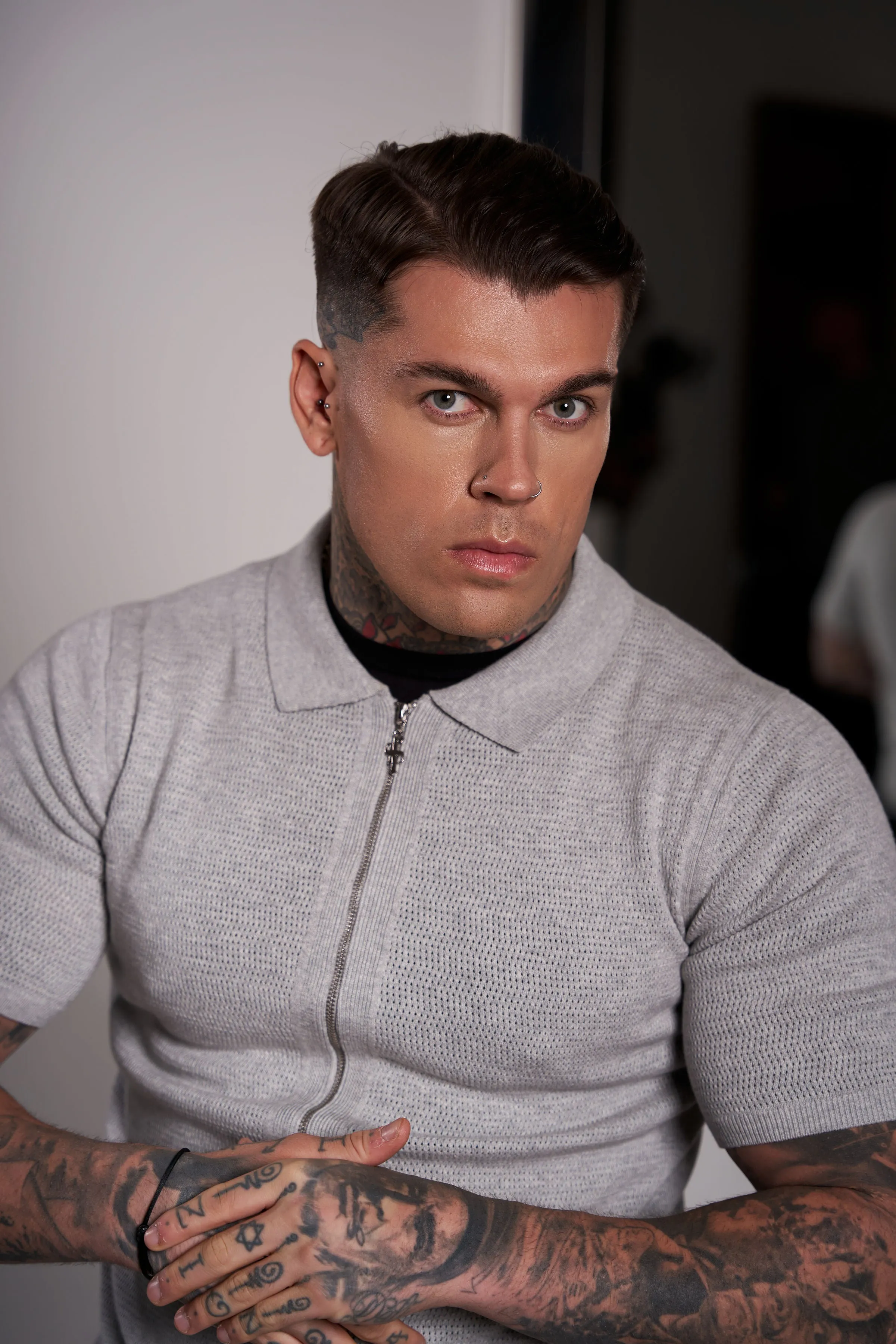 Father Sons Classic Knitted Textured Design With Full Length Zip Light Grey Short Sleeve - FSN154