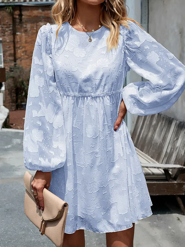 Floral Jacquard Dress with Cinched Waist and Long Sleeves