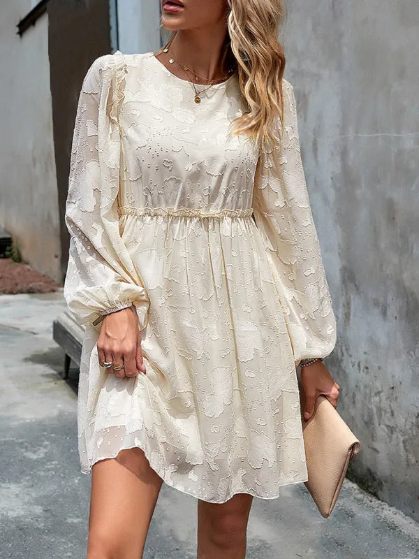 Floral Jacquard Dress with Cinched Waist and Long Sleeves