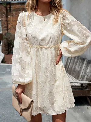 Floral Jacquard Dress with Cinched Waist and Long Sleeves