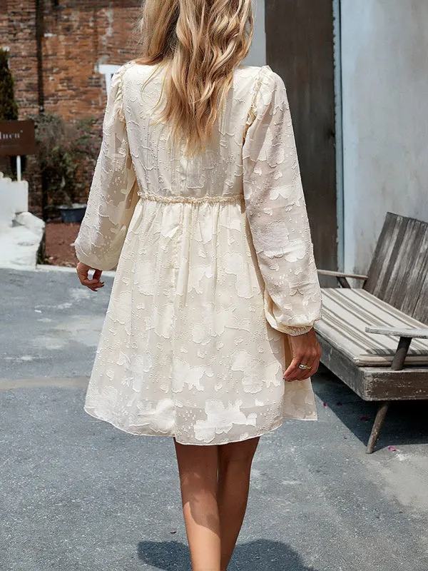 Floral Jacquard Dress with Cinched Waist and Long Sleeves