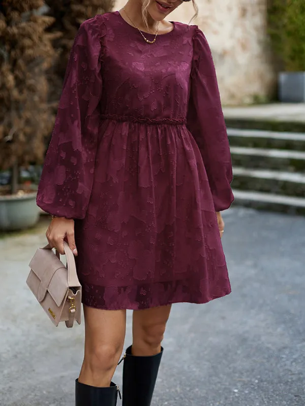 Floral Jacquard Dress with Cinched Waist and Long Sleeves
