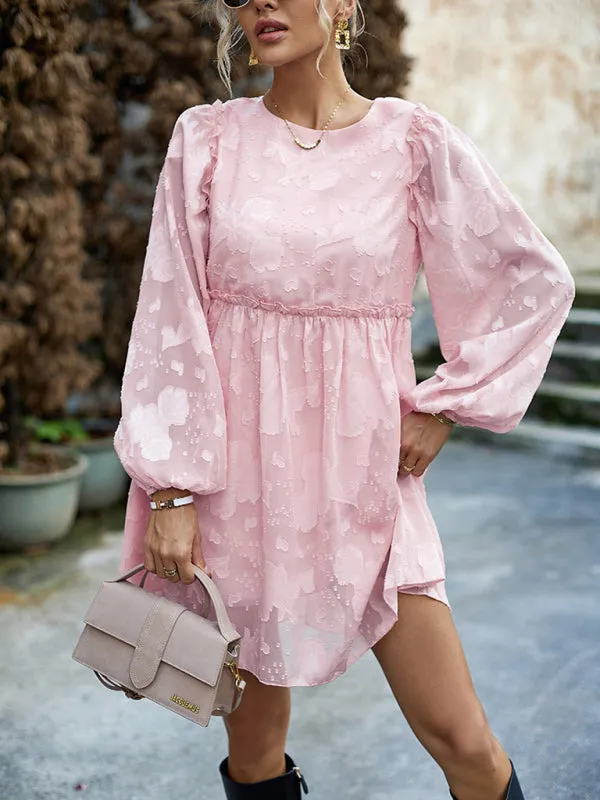 Floral Jacquard Dress with Cinched Waist and Long Sleeves