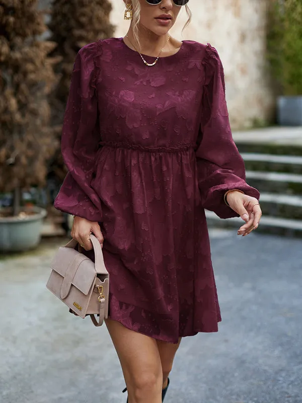 Floral Jacquard Dress with Cinched Waist and Long Sleeves